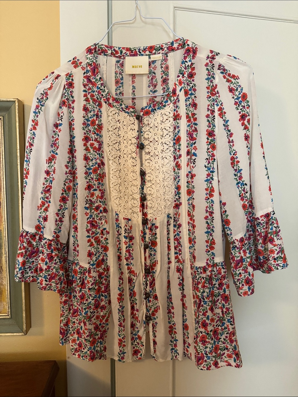 Maeve White Tunic with Red Floral Print and Crochet Front